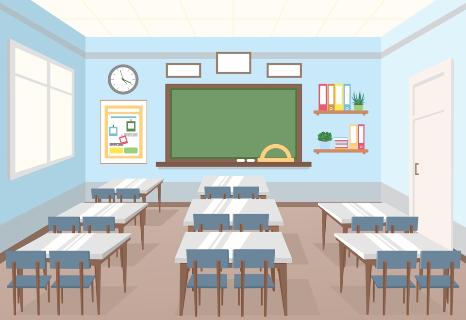 Classroom with blackboard, tables and chairs